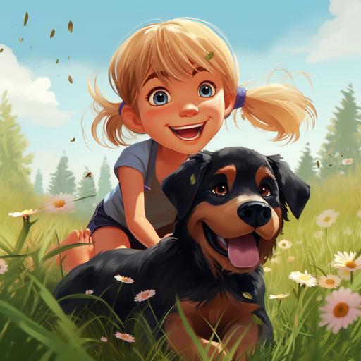 Little blond girl, in a field of grass, with allot of flowers, playing with a black and brown rottweiler dog, 4k, cartoon
