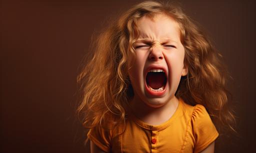 Little girl child crying and screaming isolated on brown background. --ar 5:3