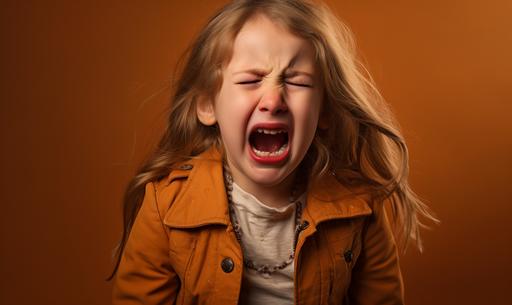 Little girl child crying and screaming isolated on brown background. --ar 5:3