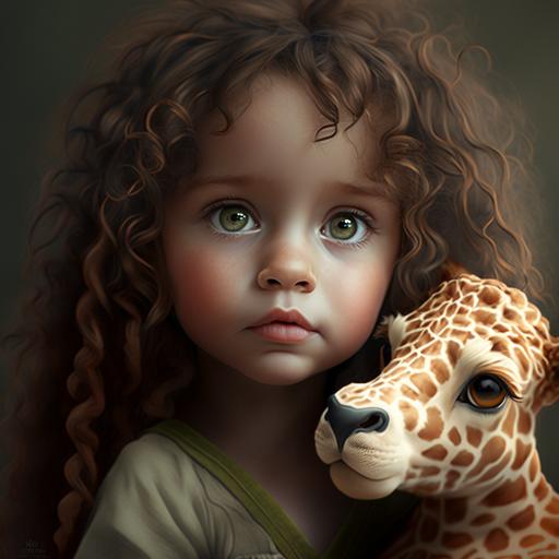 Little girl, four years old, brown long curly hair, green eyes, long eyelashes, puffy lips, very cute, with a little giraffe toy