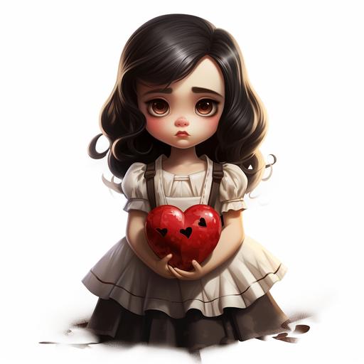 Little sad girl in apron holding two halves of a broken heart doll art style without background
