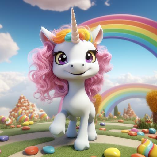 Little unicorn on the rainbow, cartoon style , 3d