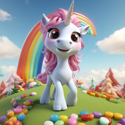 Little unicorn on the rainbow, cartoon style , 3d