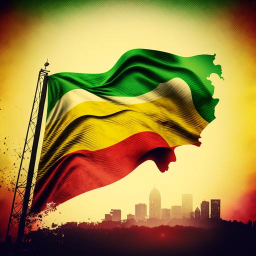 A waving flag with a map of the earth on the flag with red yellow and green reggae colors flying high above the Nashville skyline abstract