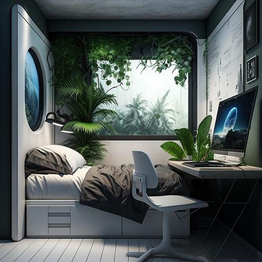 Futuristic Bedroom Jungle plants desk whiteboard Bed in corner nightstand windowless