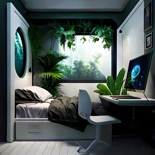Futuristic Bedroom Jungle plants desk whiteboard Bed in corner nightstand windowless