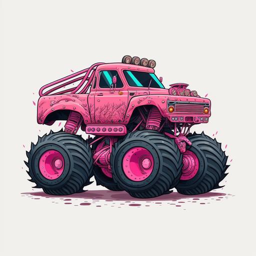 a cute pink monster truck for girls, valentine, detailed, clear lines, white background