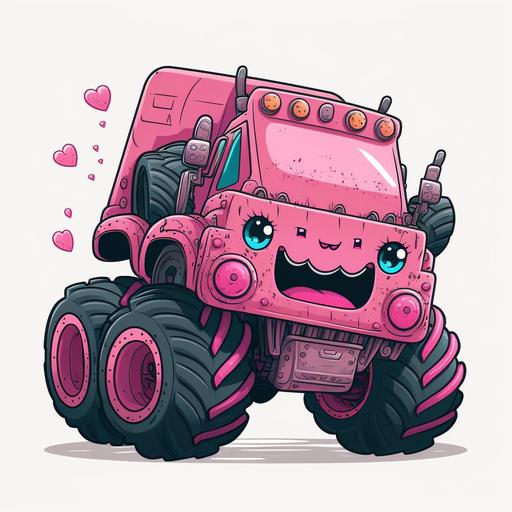 a cute pink monster truck for girls, valentine, detailed, clear lines, kawaii, white background, vector graphi