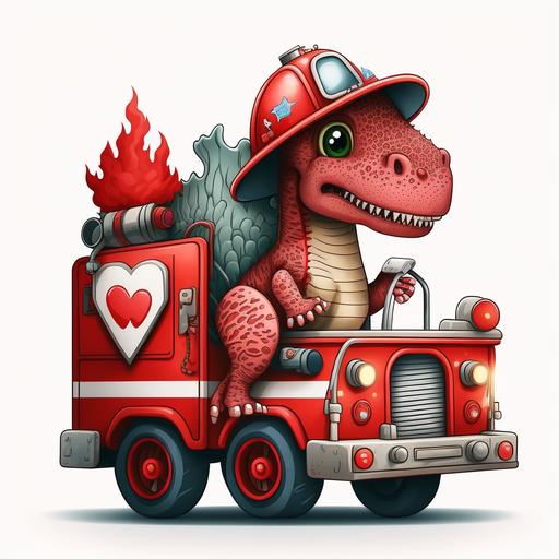 cute t-rex dinosaur riding in a fire truck, valentine, detailed, clear lines, white background, vector graphic, for kids