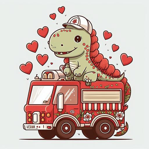 cute t-rex dinosaur riding in a fire truck, valentine, detailed, clear lines, kawaii, white background, vector graphic