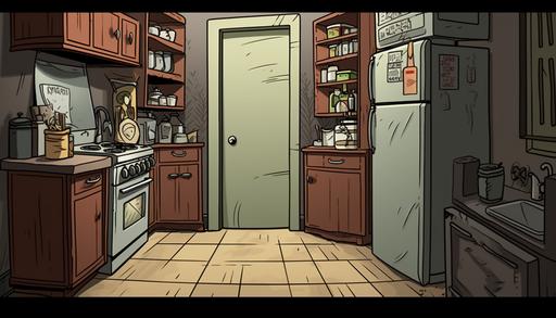 Locked kitchen pantry door, full kitchen view, pantry door locked, cartoon Dark age comic book style, --ar 7:4 --v 5