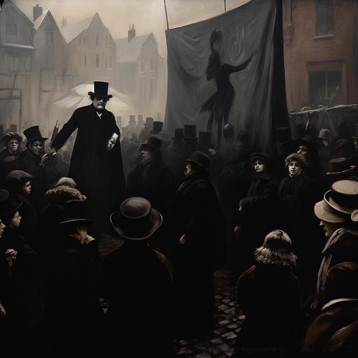 Lodon in the 19th Century. White Chapel area. A lot of mist. The crowd is poor, Jack the Ripper arrives from the background, a woman is afraid. She is wearing an old black dress. --s 250