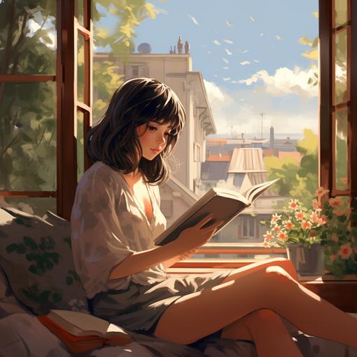Lofi girl reading by window cartoon scene