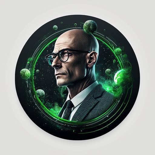 Logo bald meditating man, 45 years old, wearing glasses, green eyes, dressed in a suit of the future, space background in a circle High quality, HD printable. detailed, HD 8k --v 4 --ar 1:1