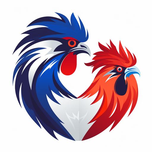 Logo of two beautiful rooster heads looking at each other with blue, white and red colors, plain white background, minimalist, v5.1, 8K.