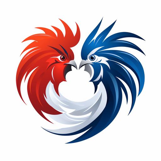 Logo of two beautiful rooster heads looking at each other with blue, white and red colors, plain white background, minimalist, v5.1, 8K.