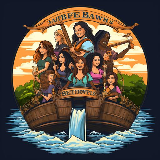 Logo that has a waterfall background with a river of beer and draft beer and that has a barrel sailing with 5 crazy couples, including an Indian-style woman, a brunette woman with black curly hair, a woman with straight red hair, a white-skinned woman with straight blonde hair and sunglasses, dark-skinned woman with shoulder-length straight blond hair, 45-year-old tall man with prescription glasses, beard, large flat nose, handsome white-skinned man with no beard, black hair, bald and strong man wearing sunglasses and a tank top with no beard, man with a goatee, gray hair and smiling, a serious man with a goatee and a bald head and a big tall belly. around a table full of barbecue and beer mugs in people's hands, family style, with a beer waterfall and beer river background, clear, funny, fun, detailed, friendly, family, 3D cartoon