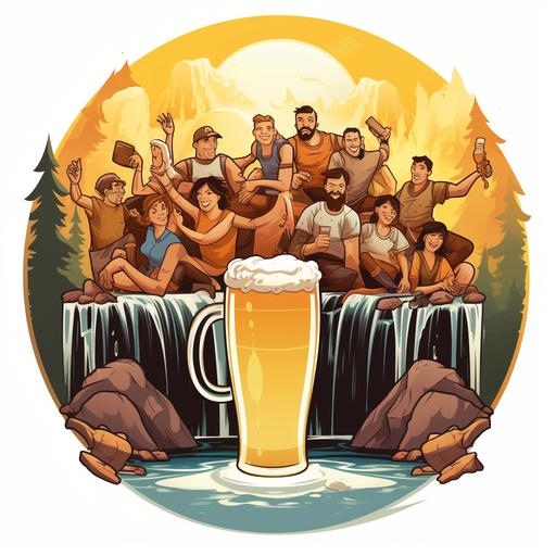 Logo that has a waterfall background with a river of beer and beer and that has a barrel sailing with 5 crazy couples around a round barbecue table with mugs of beer in their hands toasting, family style, with a waterfall background of beer, cartoon, fun, cheerful and content, yellow and sunny
