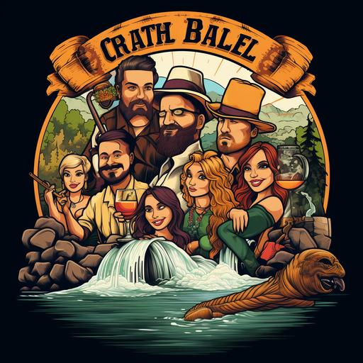 Logo that has a waterfall background with a river of beer and draft beer and that has a barrel sailing with 5 crazy couples including Indian style woman, curly brunette woman, straight redhead woman, straight blonde woman, straight blonde brunette woman, man with glasses beard, big flat nose, handsome white man without a beard, bald and strong man with sunglasses, man with a goatee, gray hair and smiling, serious man with a goatee and bald head. around a round barbecue table with mugs of beer in hand toasting, family style, with beer waterfall background, crisp cartoon, funny, entertaining, detailed, friendly, family friendly, 3D