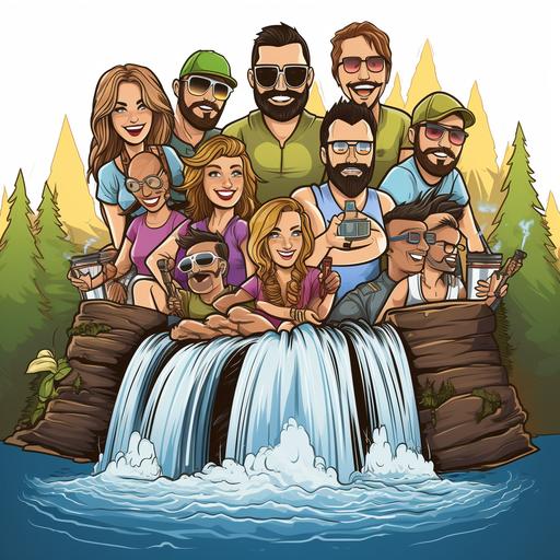 Logo that has a waterfall background with a river of beer and draft beer and that has a barrel sailing with 5 crazy couples including Indian style woman, curly brunette woman, straight redhead woman, straight blonde woman, straight blonde brunette woman, man with glasses beard, big flat nose, handsome white man without a beard, bald and strong man with sunglasses, man with a goatee, gray hair and smiling, serious man with a goatee and bald head. around a round barbecue table with mugs of beer in hand toasting, family style, with beer waterfall background, crisp cartoon, funny, entertaining, detailed, friendly, family friendly, 3D