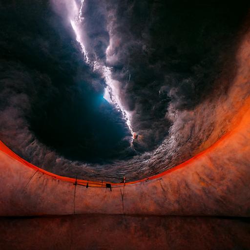 Inside a hurricane's eye, looking up at the sky, storm wall, vivid colors, dark rainclouds, godrays, sunshine, lightning, HD, POV, Octane Render, photorealistic