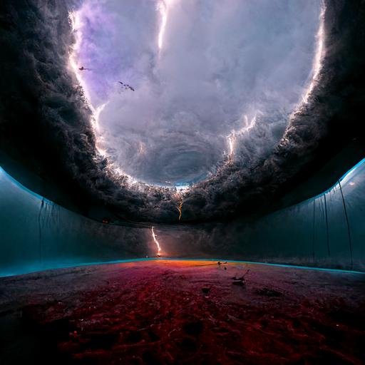 Inside a hurricane's eye, looking up at the sky, storm wall, vivid colors, dark rainclouds, godrays, sunshine, lightning, HD, POV, Octane Render, photorealistic