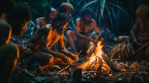 Long Shot,Hemudu,a group prehistoric man,Surrounding the bonfire,Stone Age,Stone adze, stone chisel, stone arrowhead,HD,photography,sony --ar 16:9 --v 6.0