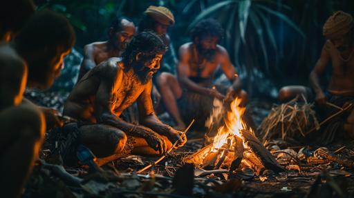 Long Shot,Hemudu,a group prehistoric man,Surrounding the bonfire,Stone Age,Stone adze, stone chisel, stone arrowhead,HD,photography,sony --ar 16:9