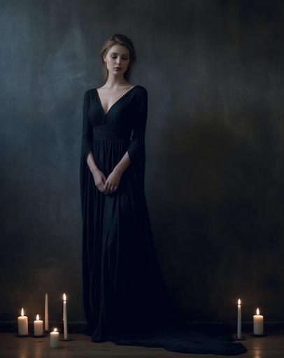 Long cool women in a black dress, just as fine as a beautiful song, in a dark room with 50 candles, Full body, creme and royal blue Pastel color scheme, hyper realistic image, --ar 11:14 --v 5.1