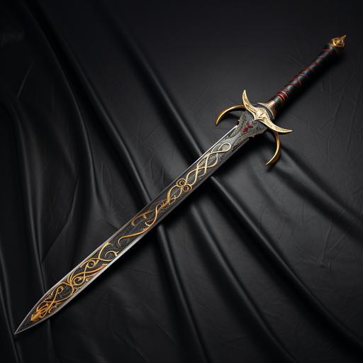Long sword, thin blade, straignt, elven style engraving, runes, long sword handle, curved sword hilt, black and gold