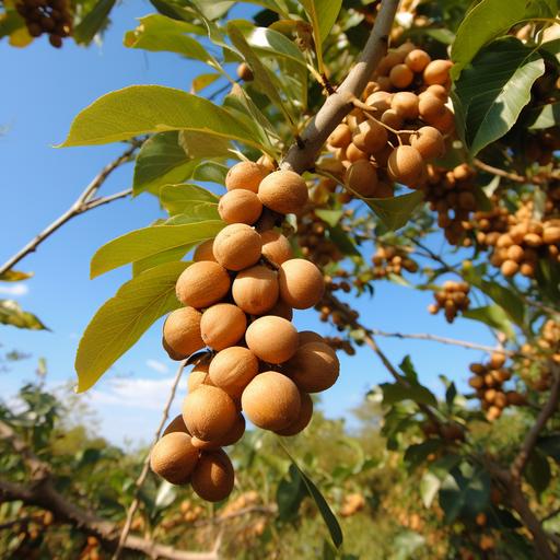 Longan orchard has many brown fruits.