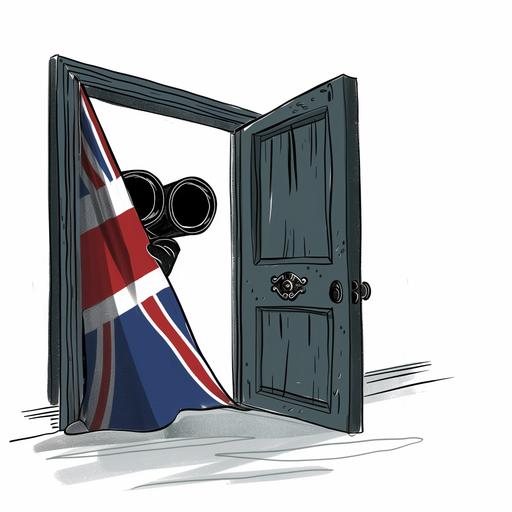 Look at the front of a open door, the door wears an english flag. There is a black person lurking behind the doorframe with a large pair of binoculars, cartoon, simple minimalist single unbroken line drawing, yu nagaba, detached white background, sideview --v 6.0