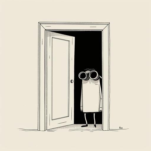 Look at the front of a open door. There is a figure lurking behind the doorframe with a large pair of binoculars, cartoon, simple minimalist single unbroken line drawing, yu nagaba, detached white background, sideview --v 6.0