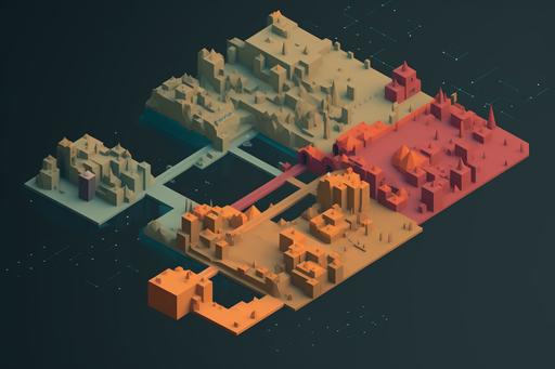 Lorem Ipsum, isometric map by atey ghailan, map of train routes between brutalist castles, illustrated map, distinct lines, simple, full color, labeled, map containing castles designed by Louis kahn --ar 3:2 --v 5