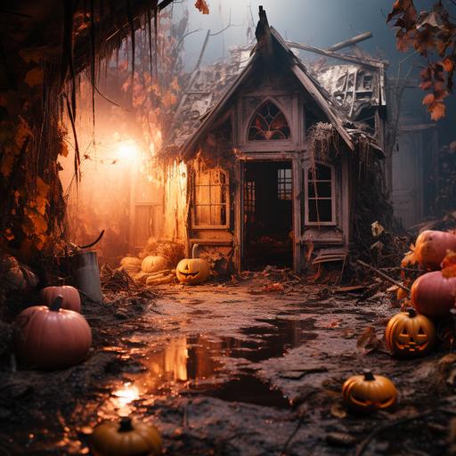 Lost Place, Halloween, pumpkin, yellow-orange, magenta, pink, black, skeleton, baroque, abandoned hut, dusty, cobwebs, clear colors, creepy, mysterious, natural features, realistic photography --s 250