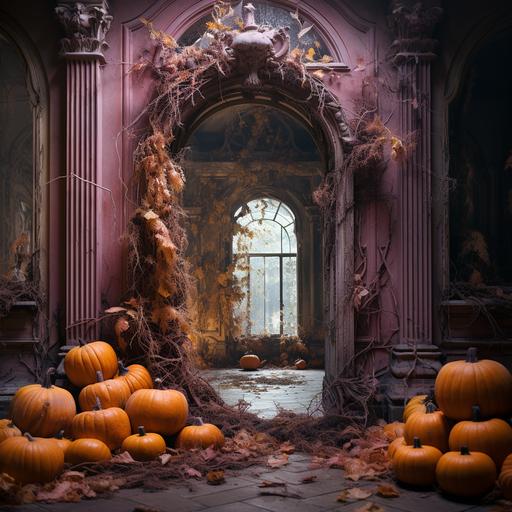 Lost Place, Halloween, pumpkin, yellow-orange, magenta, pink, black, skeleton, baroque, old castle, dusty, cobwebs, clear colors, creepy, mysterious, natural features, realistic photography --s 250