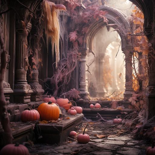 Lost Place, Halloween, pumpkin, yellow-orange, magenta, pink, black, skeleton, baroque, old castle, dusty, cobwebs, clear colors, creepy, mysterious, natural features, realistic photography --s 250