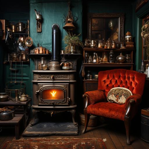 Lost Place: Small kitchen with typical antique stove, red wall shelf, sofa in copper orange, dark green curtains, dark blue walls, wooden floor, November, autumn mood, small fireplace, old furniture, photorealistic --s 750