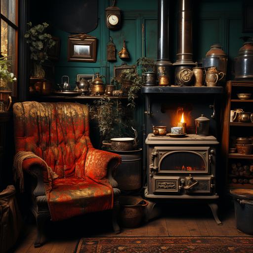 Lost Place: Small kitchen with typical antique stove, red wall shelf, sofa in copper orange, dark green curtains, dark blue walls, wooden floor, November, autumn mood, small fireplace, old furniture, photorealistic --s 750