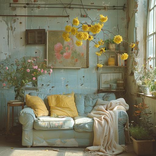 Lost place, studio of an artist, 70s, spring, dusty furnishings, light blue couch, pastel colors, light green, light pink, yellow, photorealistic, --s 750