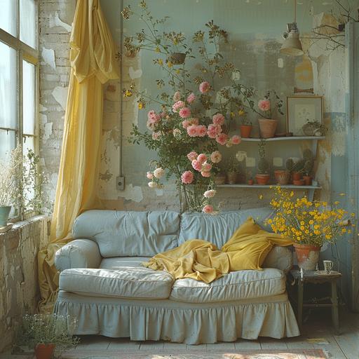 Lost place, studio of an artist, 70s, spring, dusty furnishings, light blue couch, pastel colors, light green, light pink, yellow, photorealistic, --s 750