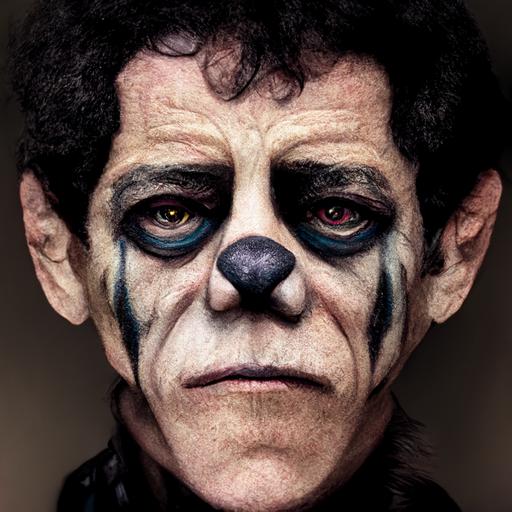 Lou Reed as a werewolf in clown makeup, realistic photo