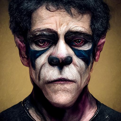 Lou Reed as a werewolf in clown makeup, realistic photo