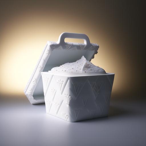 Louis Vuitton fashion forward styrofoam takeout container, used, luxury product photography, lensed by Sølve Sundsbø David Marguet, raking light, dramatic lighting, ornate --q 2 --v 4