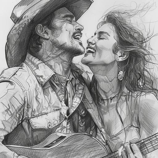 Lovely detailed sketch of a counrty singing duet faith hill ti mcgraw in the style of Tony Diterlizzi, Cross hatching, Strong expression, cartoon, pencil art, Richard Schmid --v 6.0