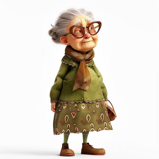 Lovely old lady, pixar cartoon style, 3D, full body, white background --v 6.0