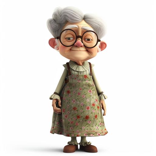 Lovely old lady, pixar cartoon style, 3D, full body, white background --v 6.0