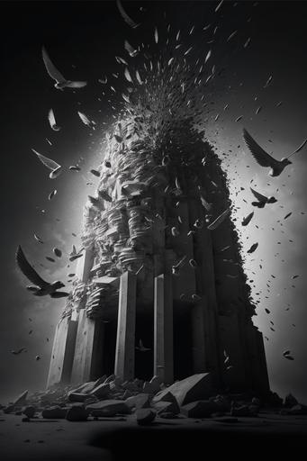 Low angle photograph of the zigurat of babel being destroyed by a stone fist falling over it from the sky while a flock of birds flying away black and white photo-realistic creative artistic abstract unreal engine, studio lighting, rim lighting, highly detailed and intricate, 8k, photorealistic, unreal engine, glow, ominous --ar 2:3 --q 3 --v 4