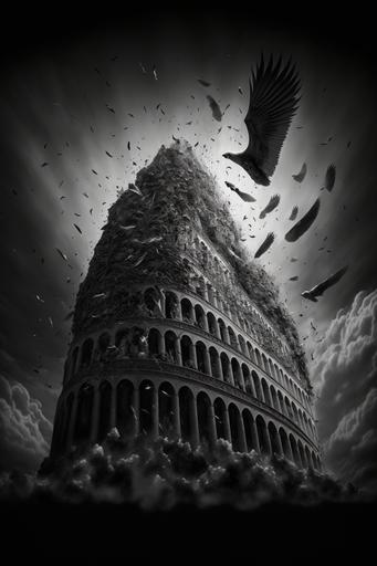 Low angle photograph of the zigurat of babel being destroyed by a stone fist falling over it from the sky while a flock of birds flying away black and white photo-realistic creative artistic abstract unreal engine, studio lighting, rim lighting, highly detailed and intricate, 8k, photorealistic, unreal engine, glow, ominous --ar 2:3 --q 3 --v 4