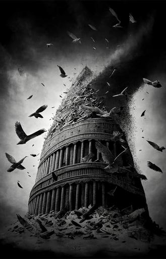 Low angle photograph of the zigurat of babel being destroyed by a stone fist falling over it from the sky while a flock of birds flying away black and white photo-realistic creative artistic abstract --ar 2:3 --q 5 --v 4